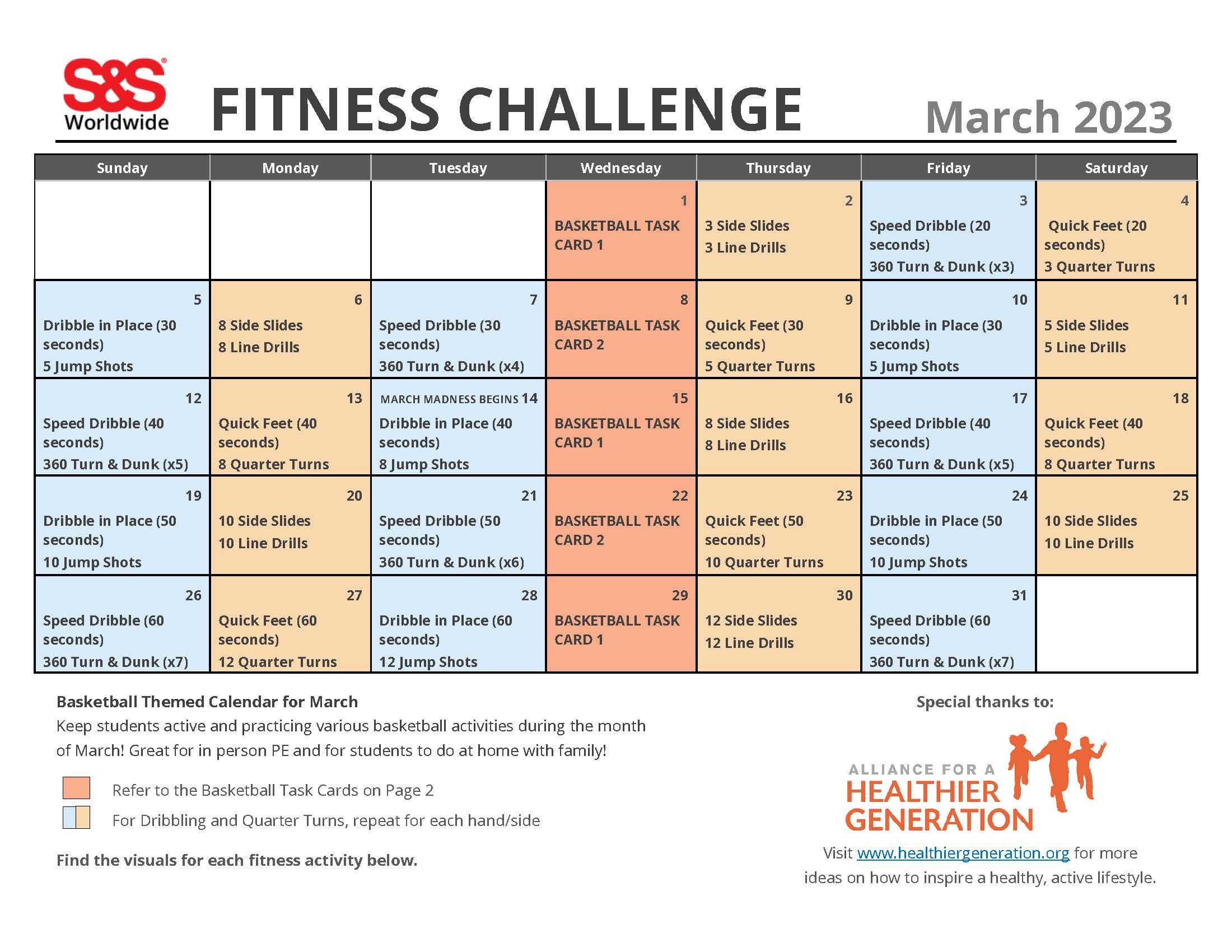 March Printable Fitness Challenge Calendar 2023 Page 1